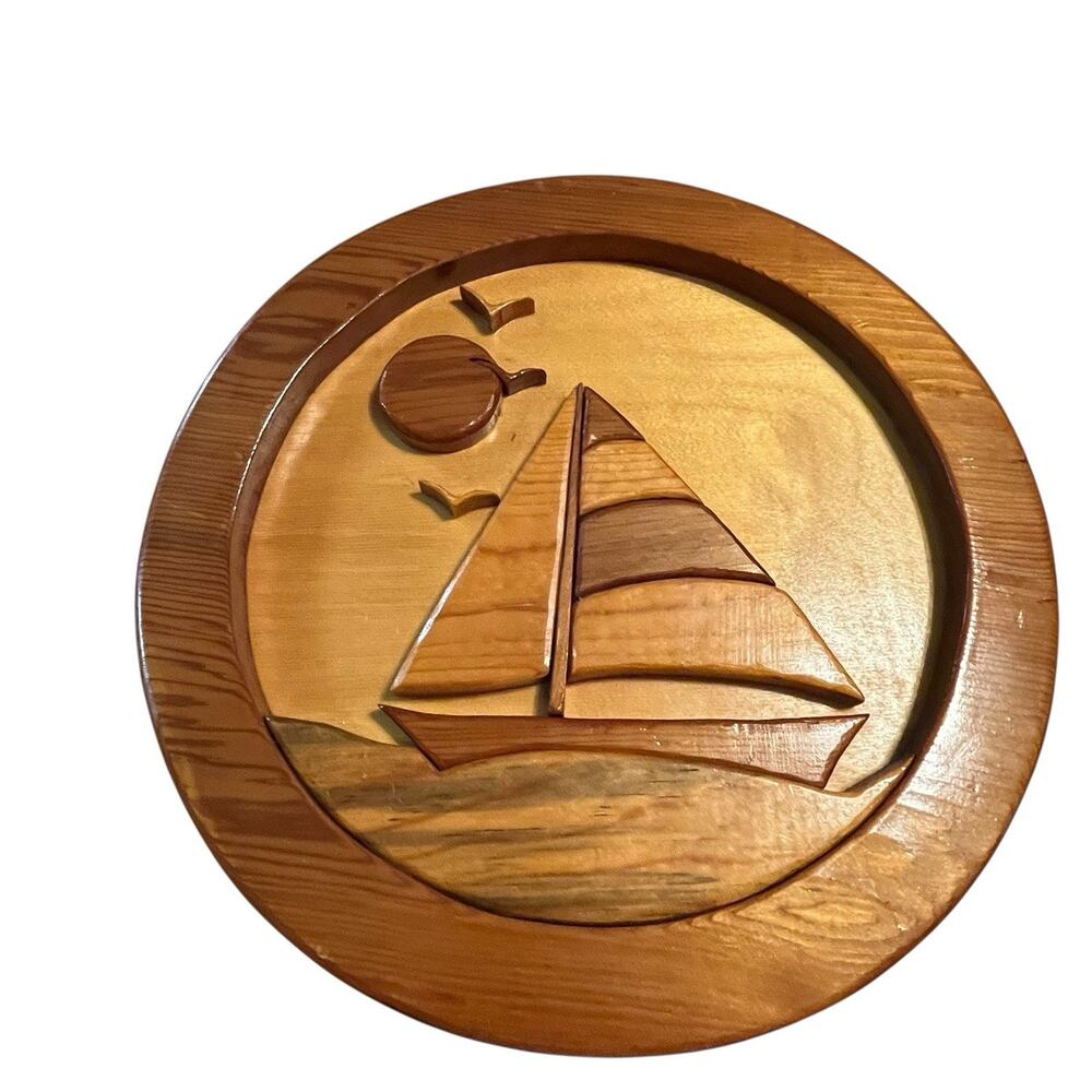 SailBoat Art Wall Hanging Wooden Handmade Cedar Vintage 14 Inch Circle Retro